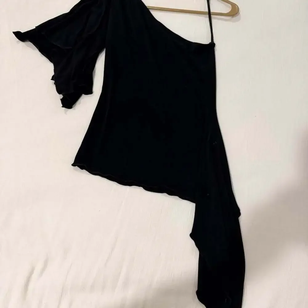 Tempted Black One Shoulder Ruffle Asymmetric Top